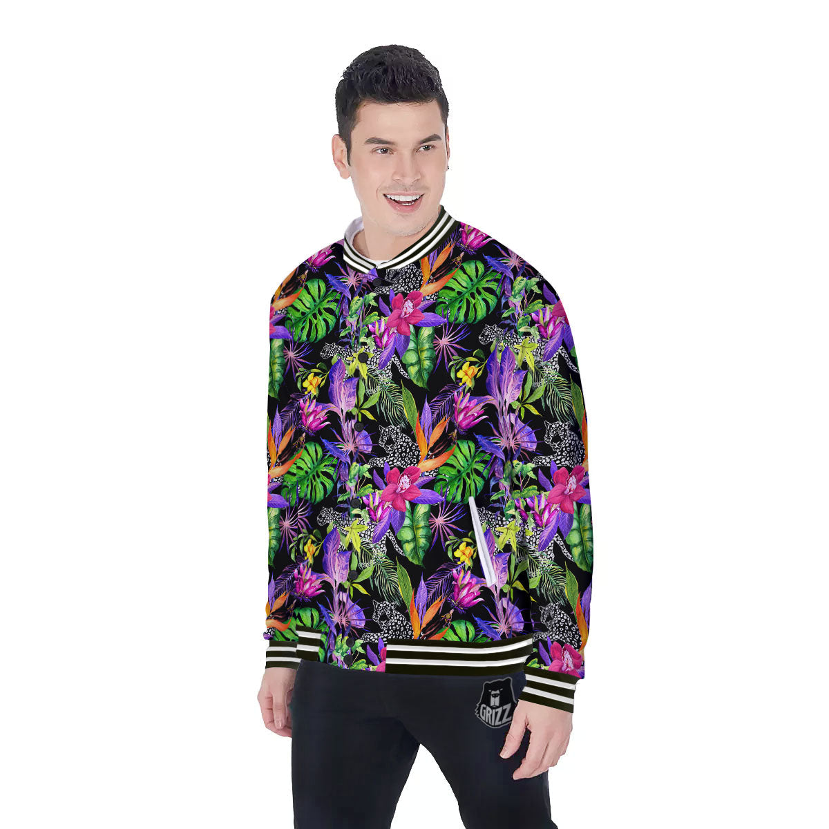 Tropical Flower Leaf Light Print Pattern Baseball Jacket-grizzshop