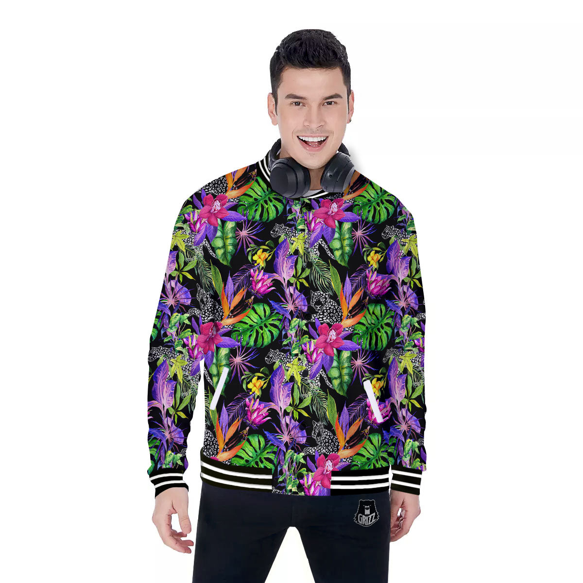 Tropical Flower Leaf Light Print Pattern Baseball Jacket-grizzshop