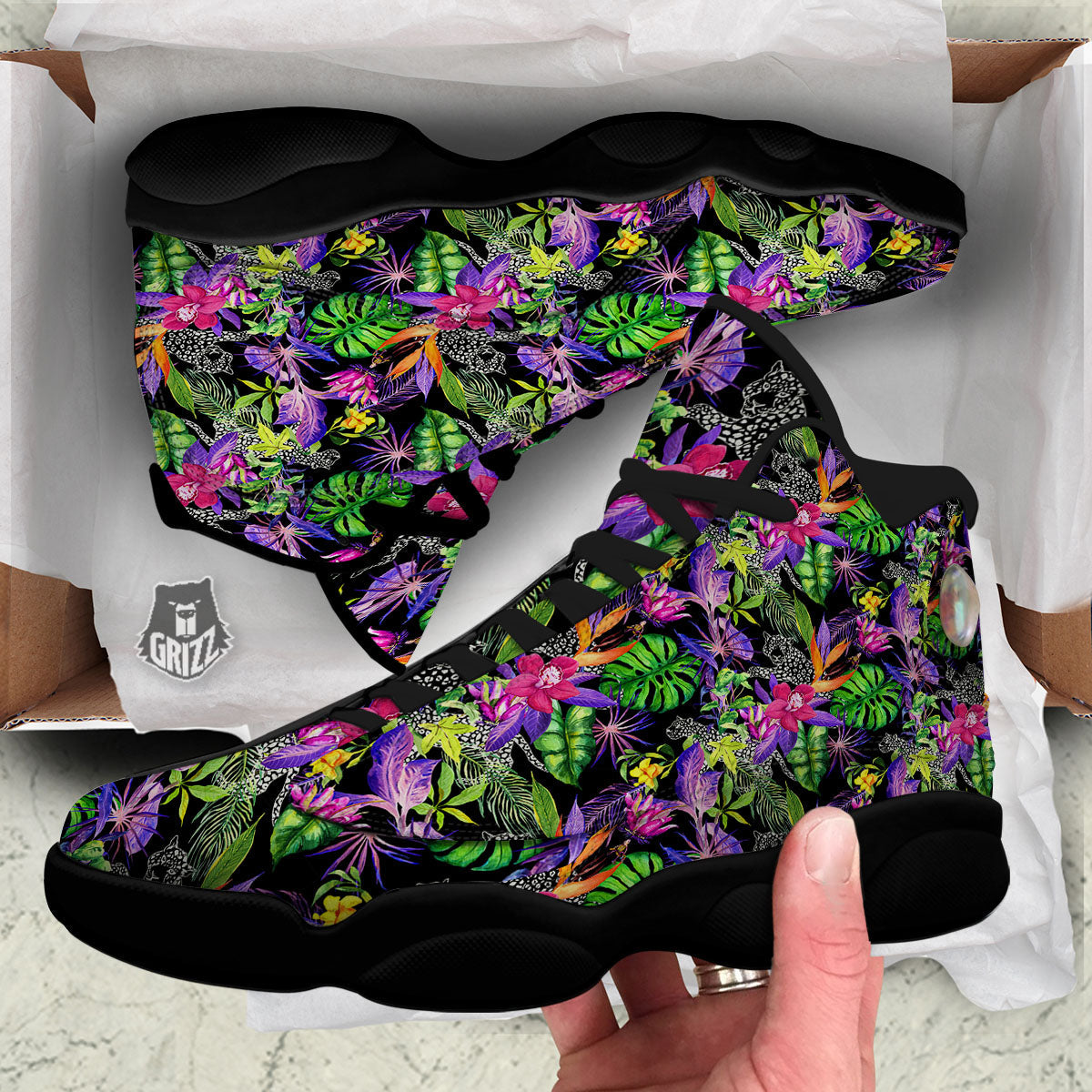 Tropical Flower Leaf Light Print Pattern Black Basketball Shoes-grizzshop