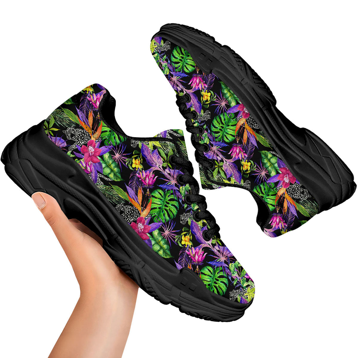 Tropical Flower Leaf Light Print Pattern Black Chunky Shoes-grizzshop