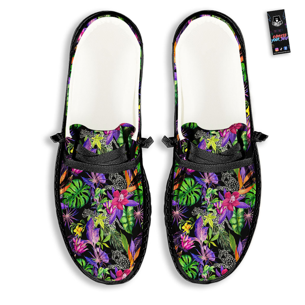 Tropical Flower Leaf Light Print Pattern Black Loafers-grizzshop