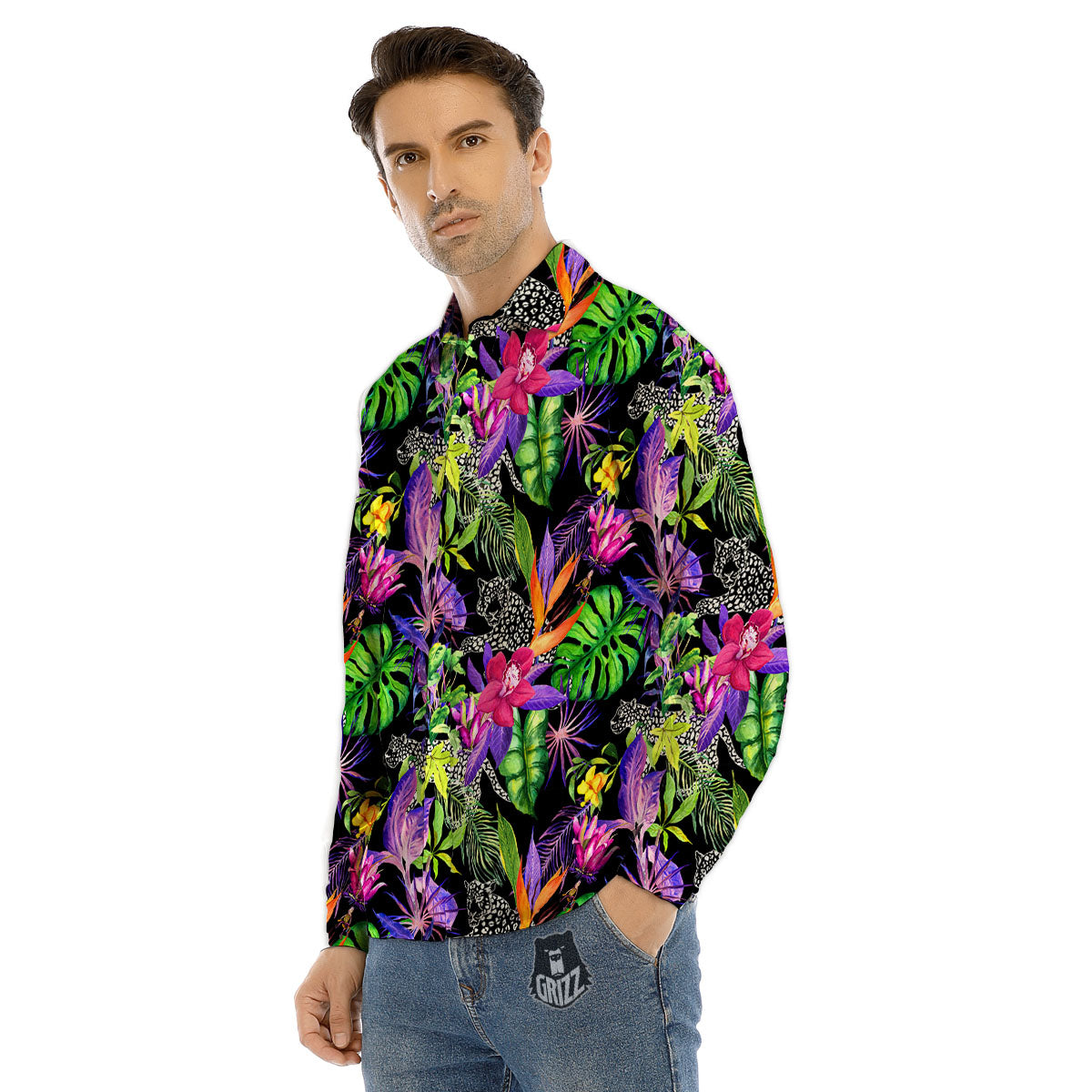 Tropical Flower Leaf Light Print Pattern Men's Dress Shirts-grizzshop