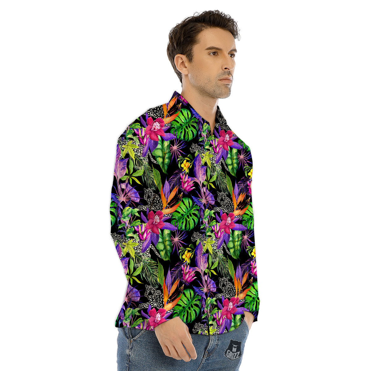 Tropical Flower Leaf Light Print Pattern Men's Dress Shirts-grizzshop