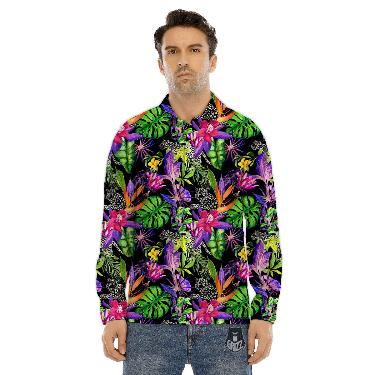 Tropical Flower Leaf Light Print Pattern Men's Dress Shirts-grizzshop