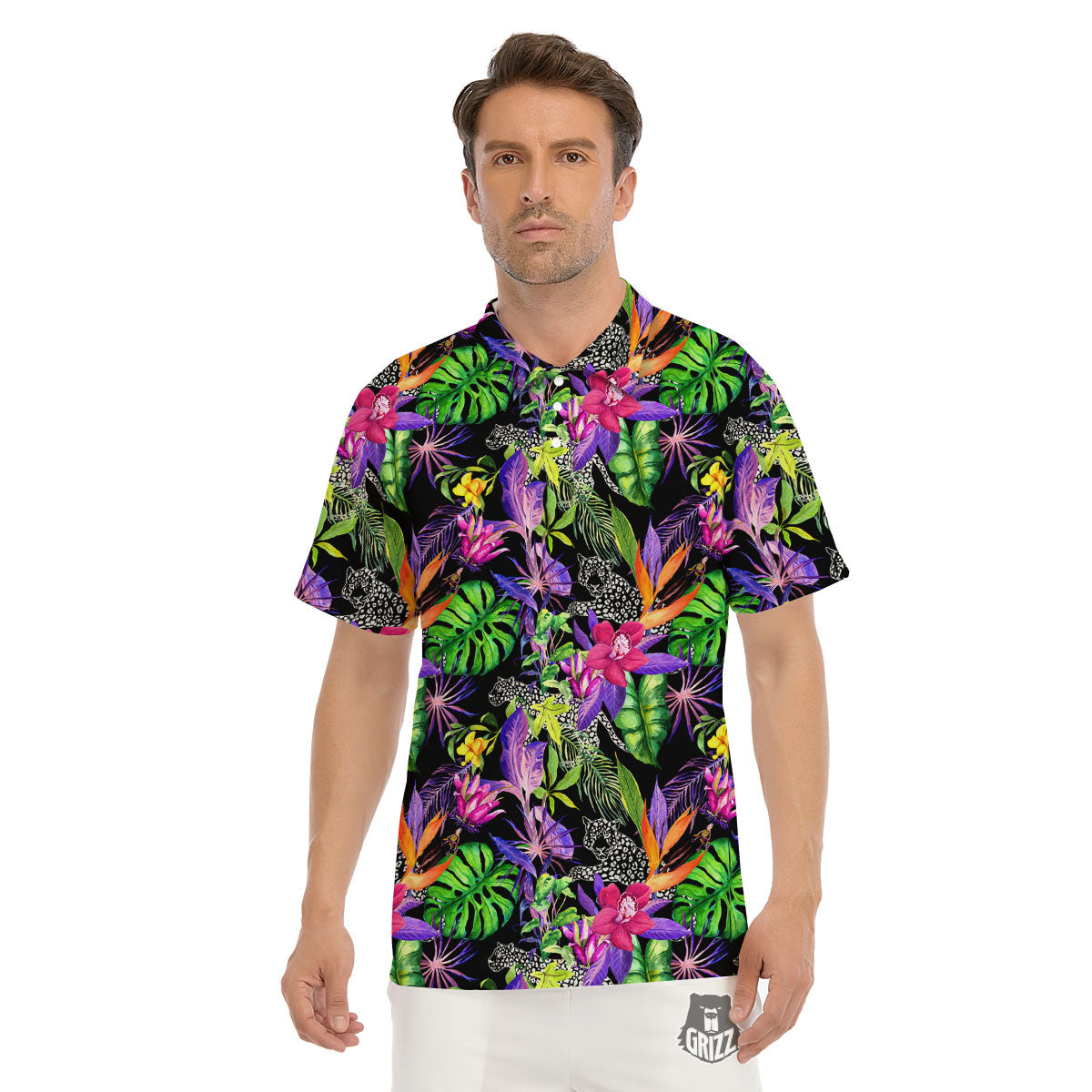 Tropical Flower Leaf Light Print Pattern Men's Golf Shirts-grizzshop