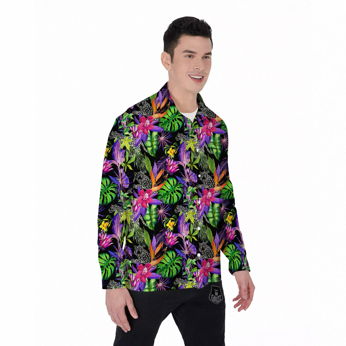 Tropical Flower Leaf Light Print Pattern Men's Long Sleeve Shirts-grizzshop