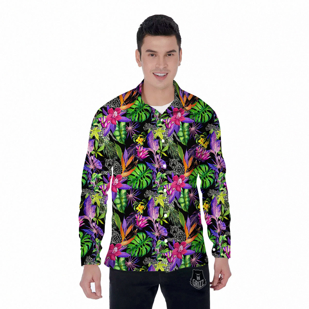 Tropical Flower Leaf Light Print Pattern Men's Long Sleeve Shirts-grizzshop