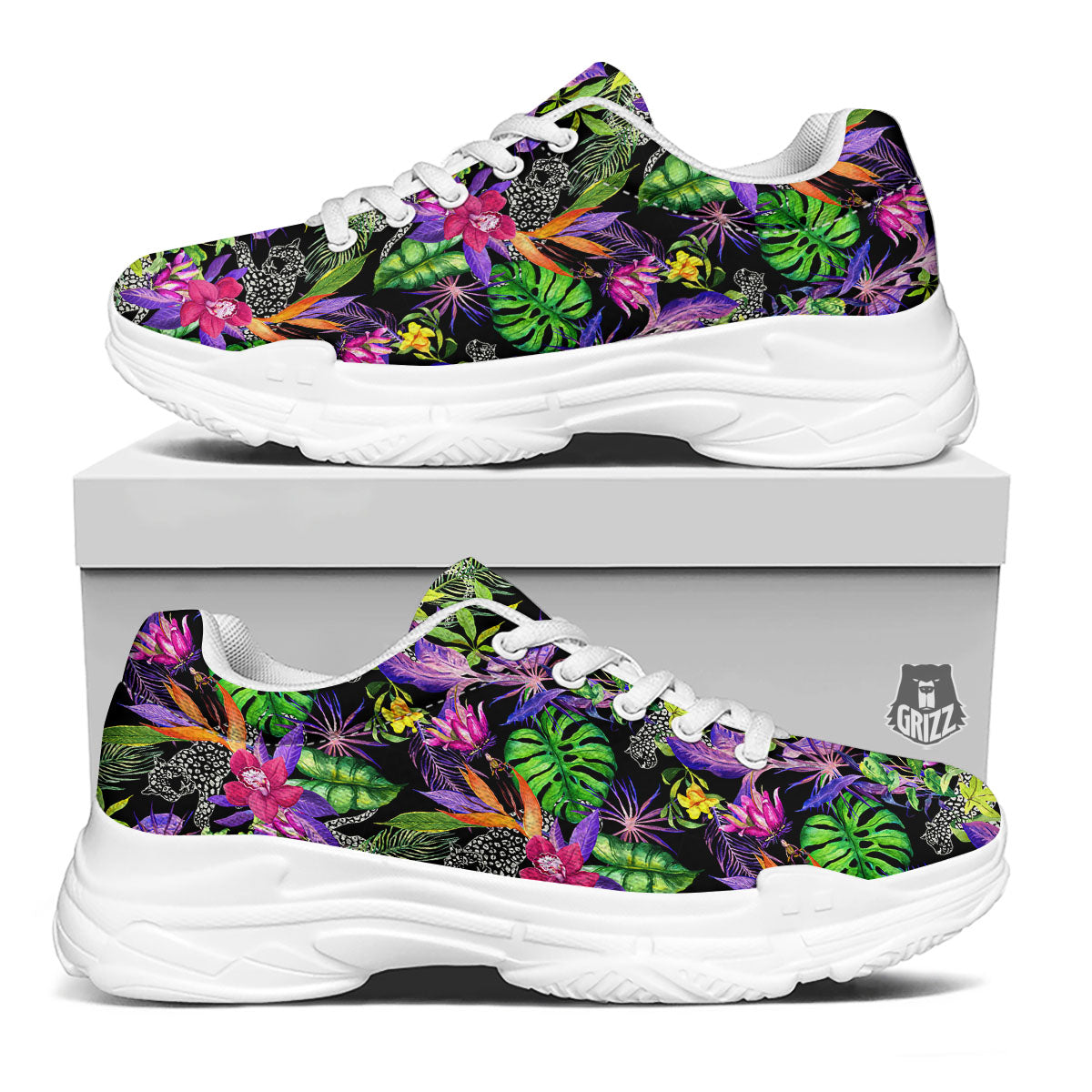 Tropical Flower Leaf Light Print Pattern White Chunky Shoes-grizzshop