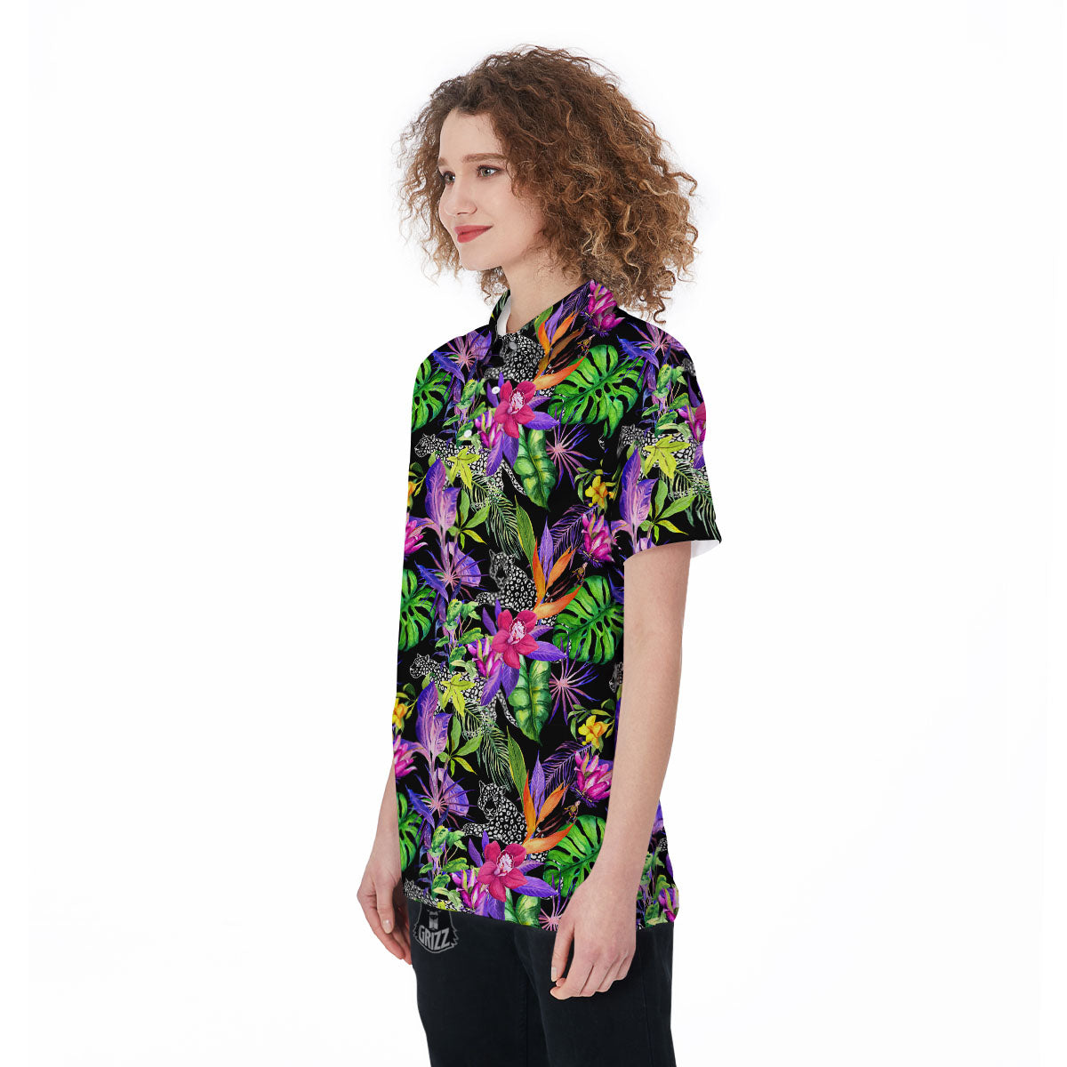 Tropical Flower Leaf Light Print Pattern Women's Golf Shirts-grizzshop