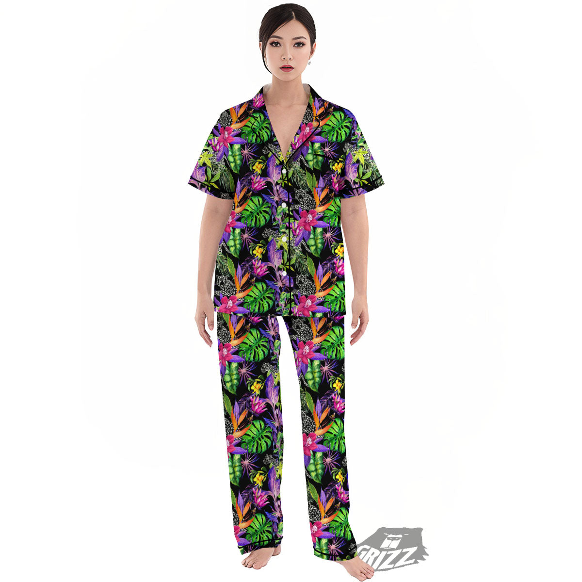 Tropical Flower Leaf Light Print Pattern Women's Pajamas Set-grizzshop