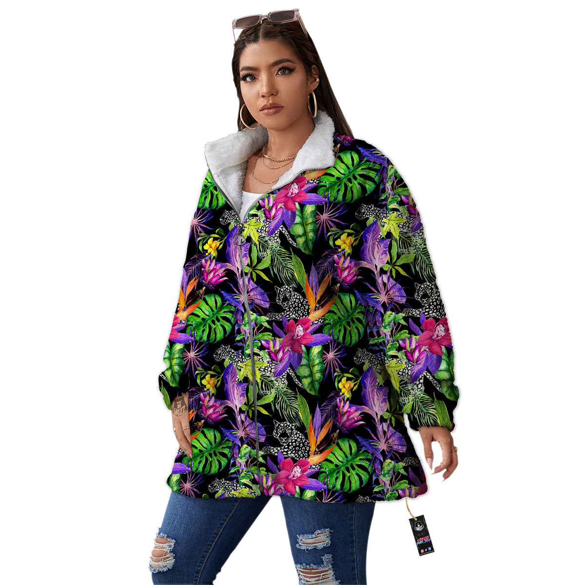 Tropical Flower Leaf Light Print Pattern Women's Sherpa Jacket-grizzshop