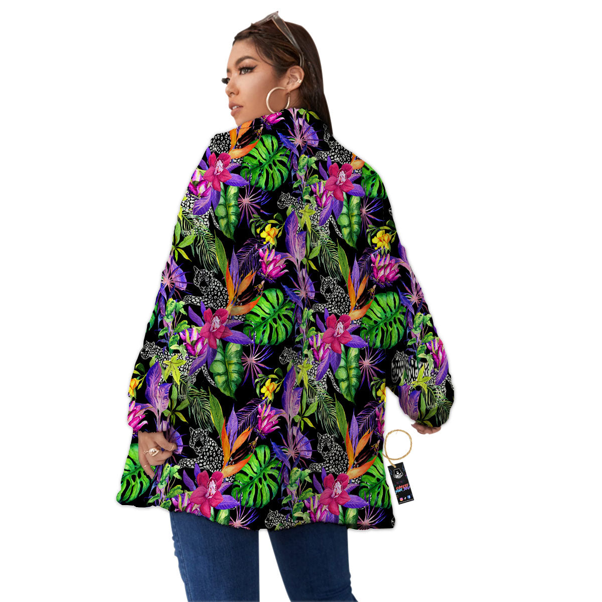 Tropical Flower Leaf Light Print Pattern Women's Sherpa Jacket-grizzshop