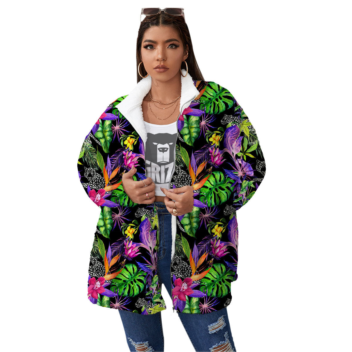 Tropical Flower Leaf Light Print Pattern Women's Sherpa Jacket-grizzshop
