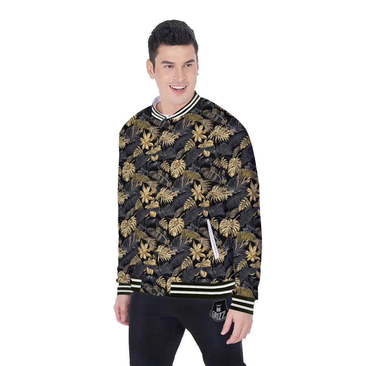 Tropical Gold And Black Print Pattern Baseball Jacket-grizzshop