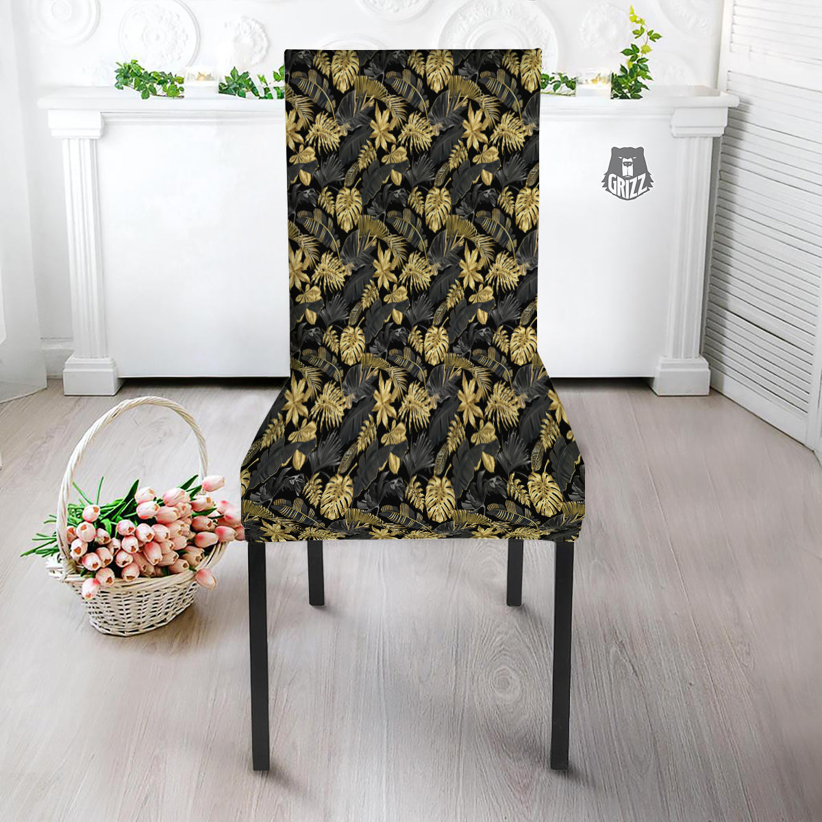 Tropical Gold And Black Print Pattern Dining Chair Slipcover-grizzshop