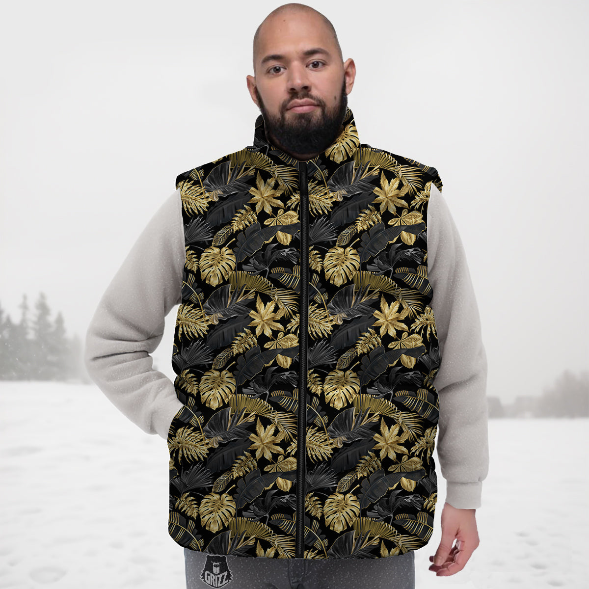 Tropical Gold And Black Print Pattern Down Vest-grizzshop