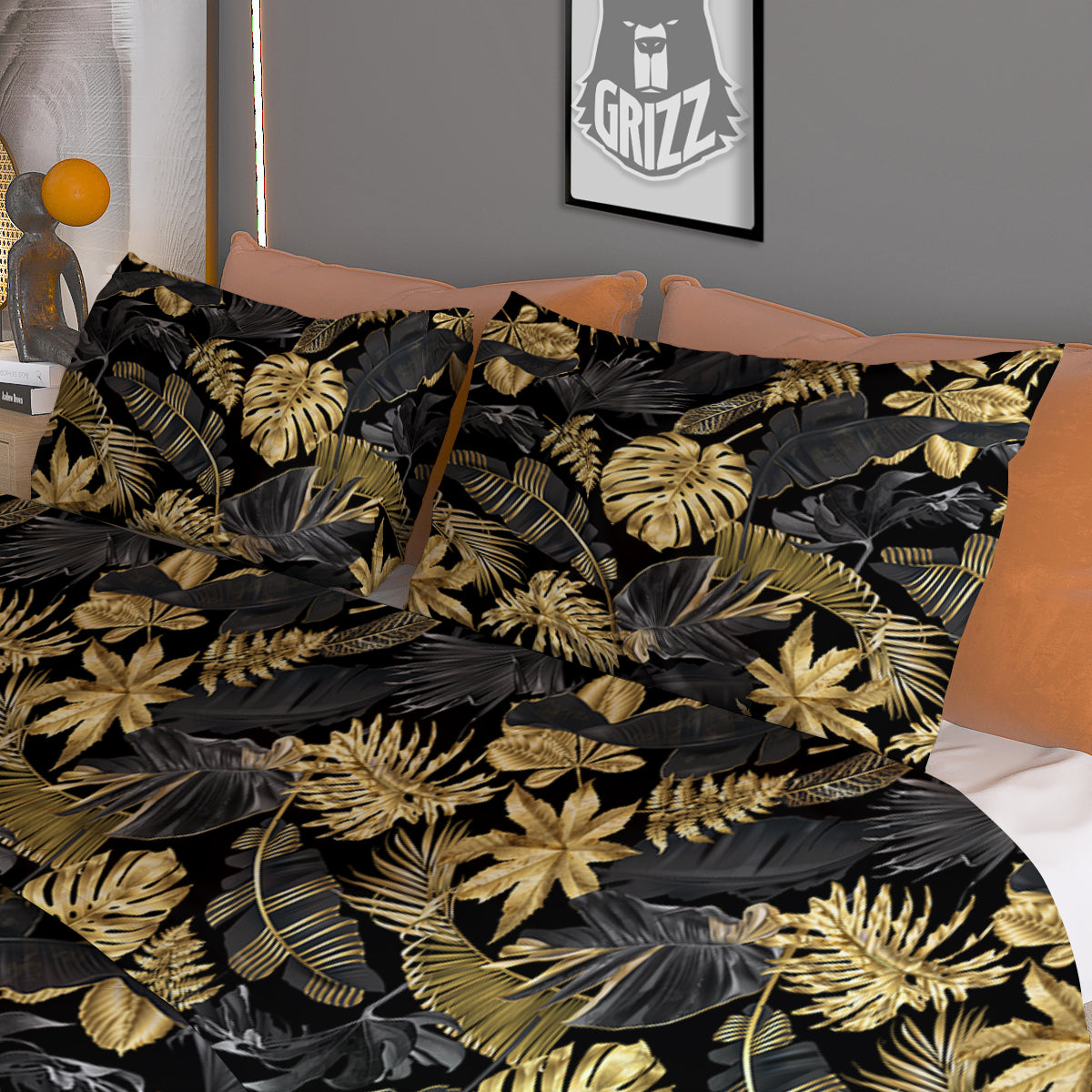 Tropical Gold And Black Print Pattern Duvet Cover Bedding Set-grizzshop