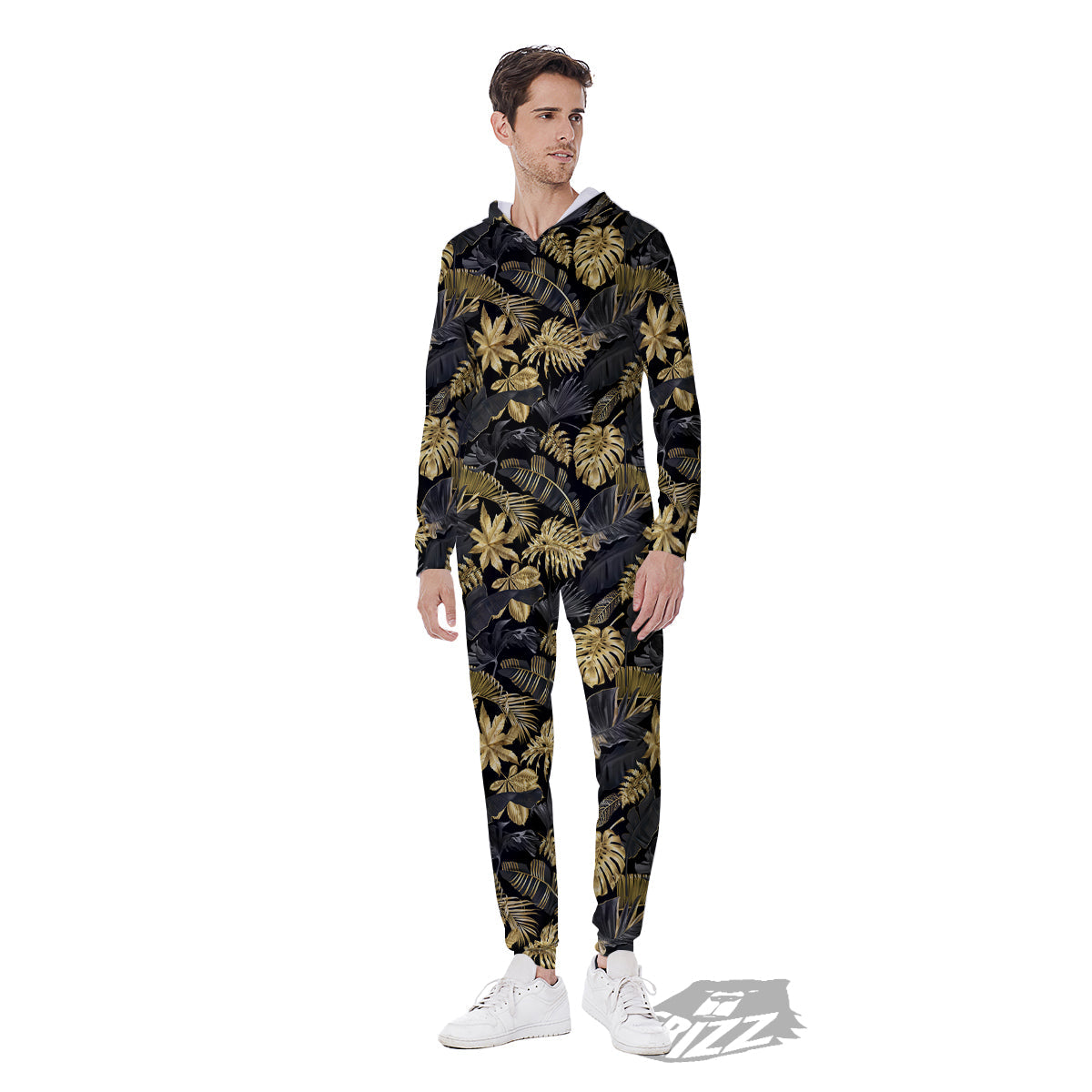 Tropical Gold And Black Print Pattern Men's Jumpsuit-grizzshop