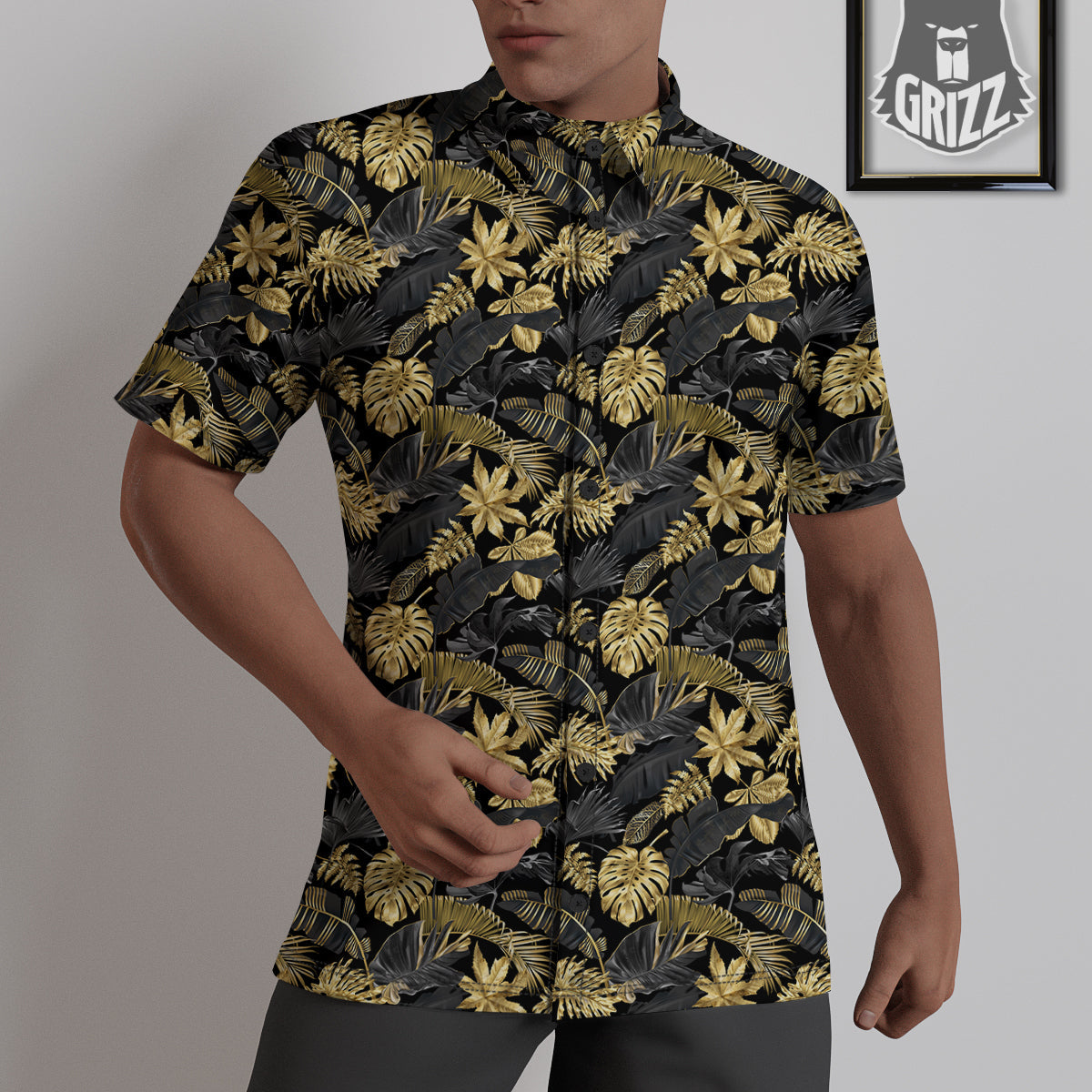 Tropical Gold And Black Print Pattern Untucked Shirts-grizzshop