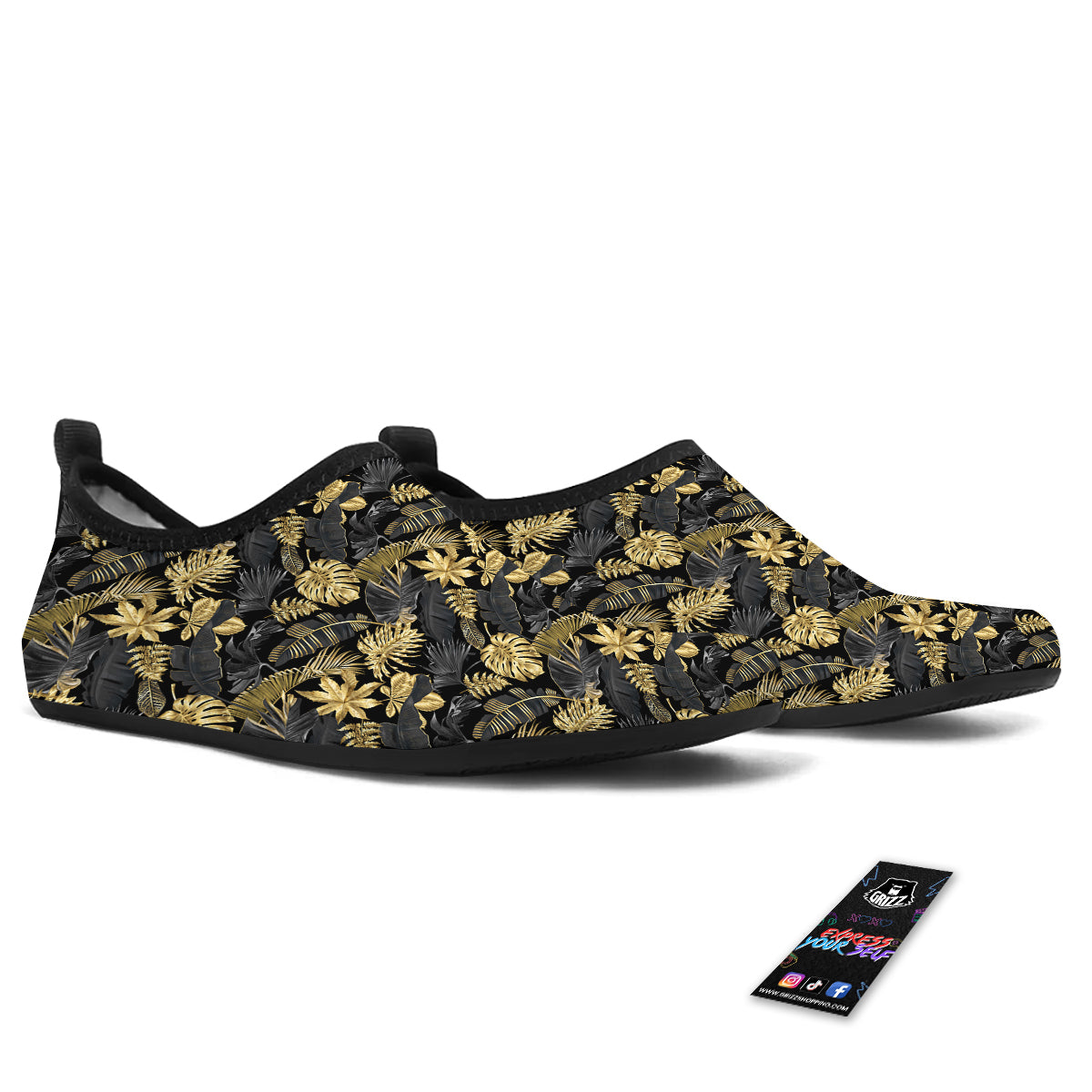 Tropical Gold And Black Print Pattern Water Shoes-grizzshop