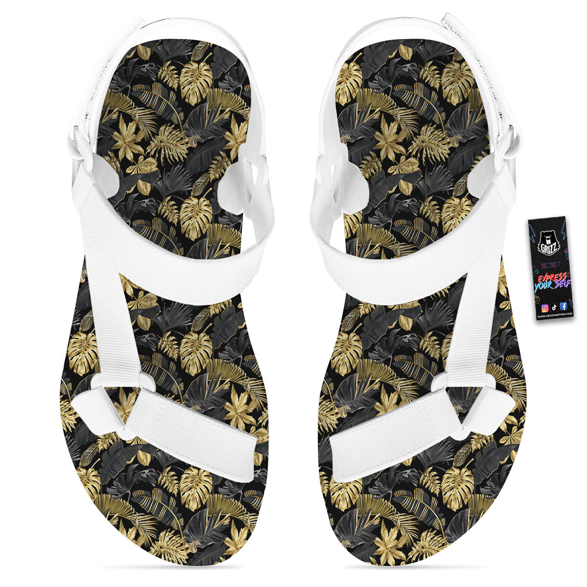 Tropical Gold And Black Print Pattern White Open Toe Sandals-grizzshop