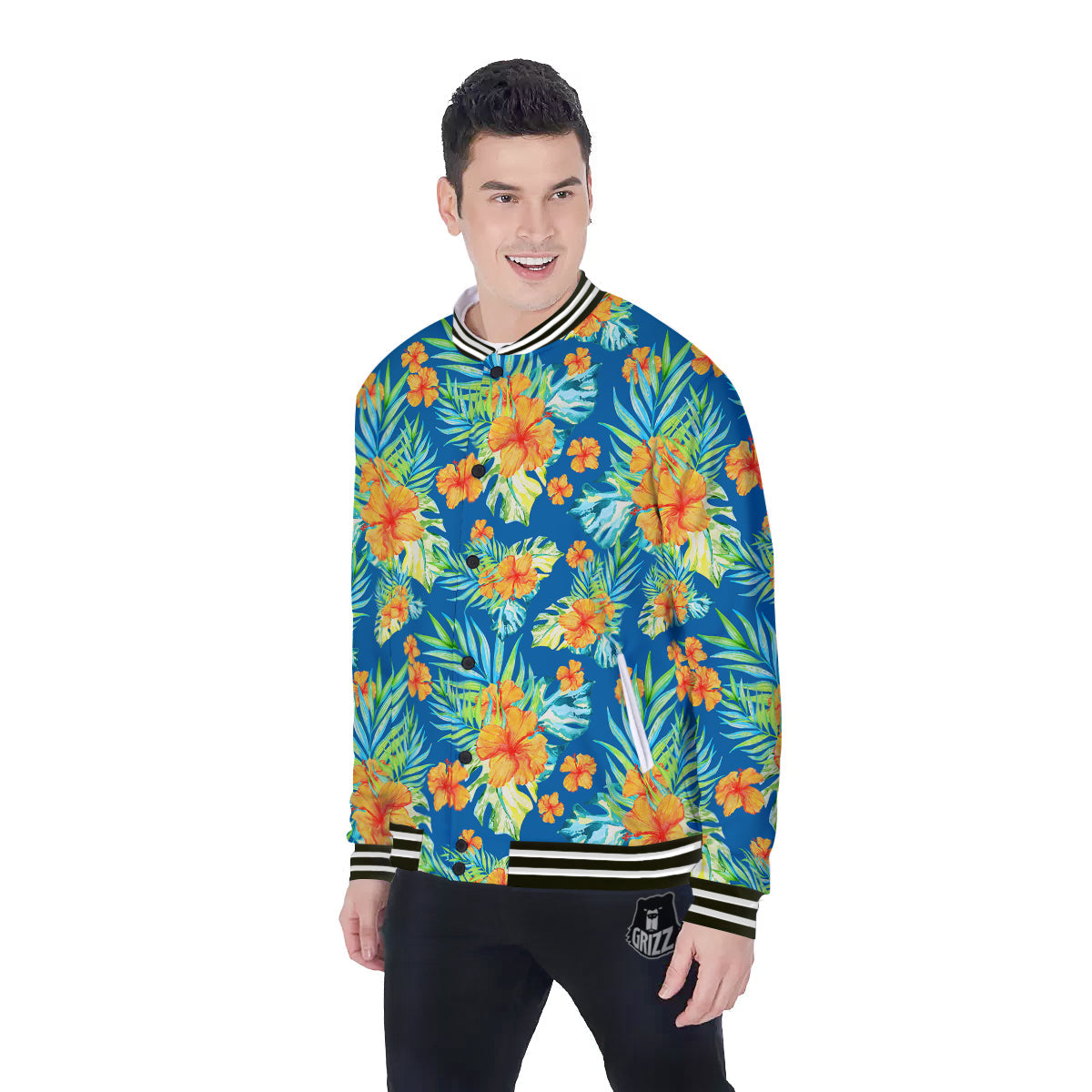 Tropical Hawaiian Blue Orange Print Pattern Baseball Jacket-grizzshop