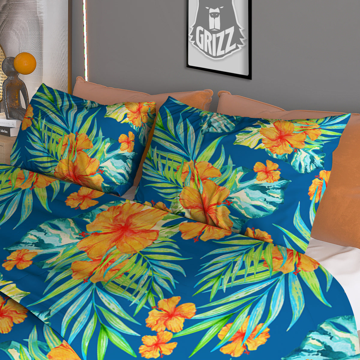 Tropical Hawaiian Blue Orange Print Pattern Duvet Cover Bedding Set