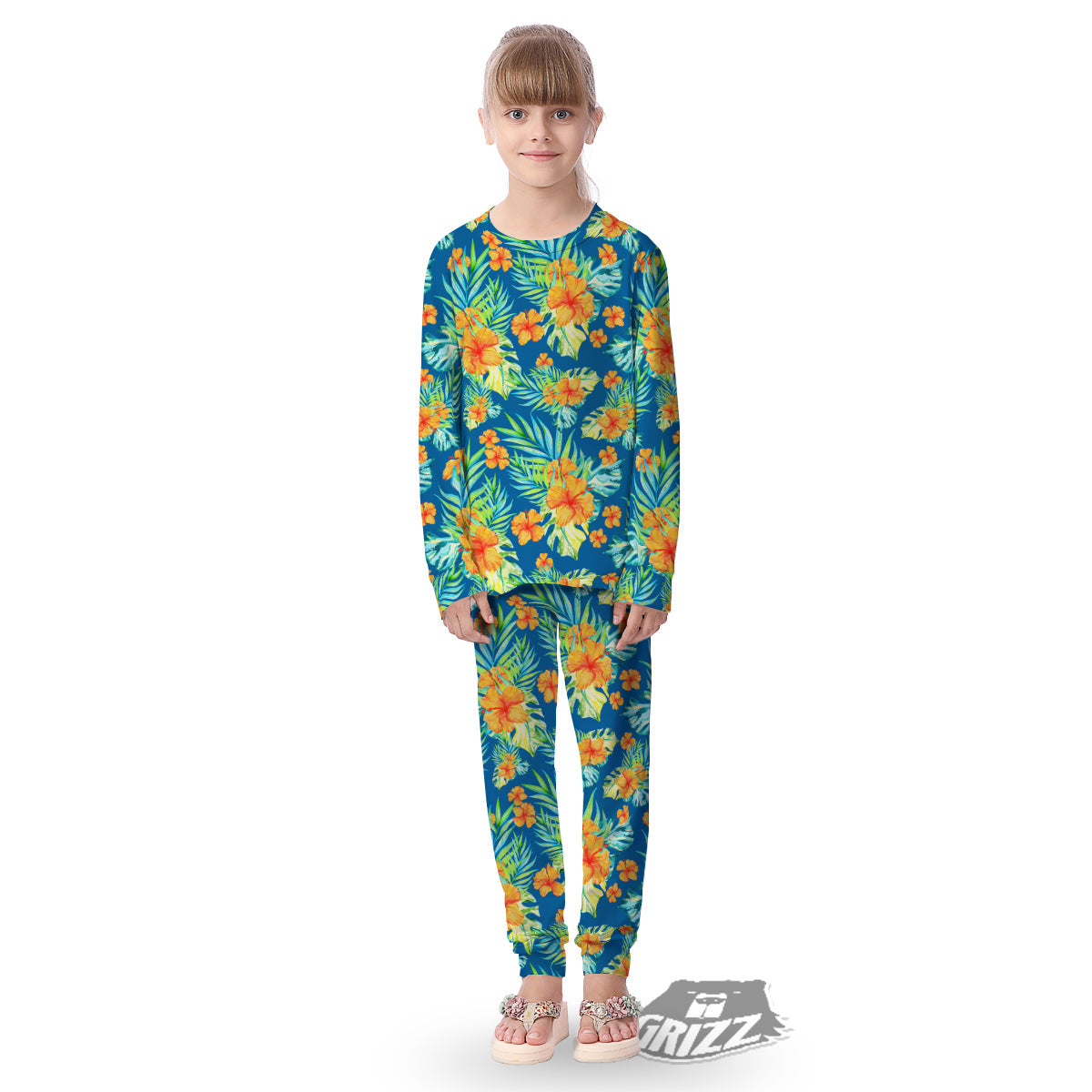 Tropical Hawaiian Blue Orange Print Pattern Kid's Pajamas-grizzshop