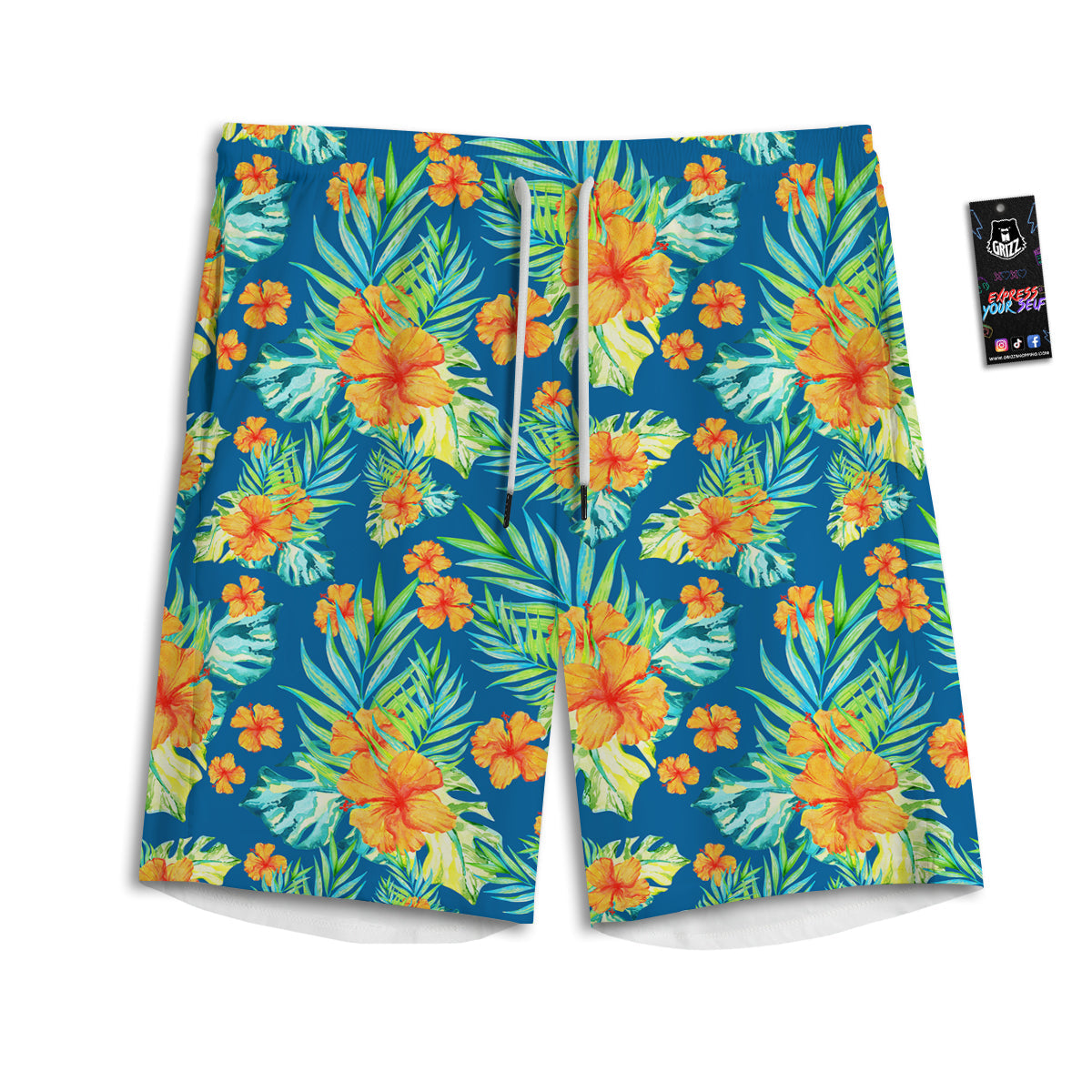 Tropical Hawaiian Blue Orange Print Pattern Men's Athletic Shorts