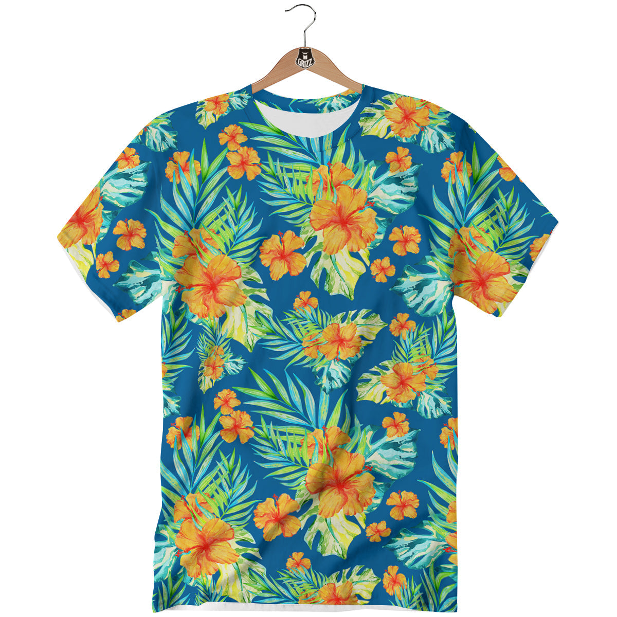 Tropical Hawaiian Blue Orange Print Pattern T-Shirt-grizzshop