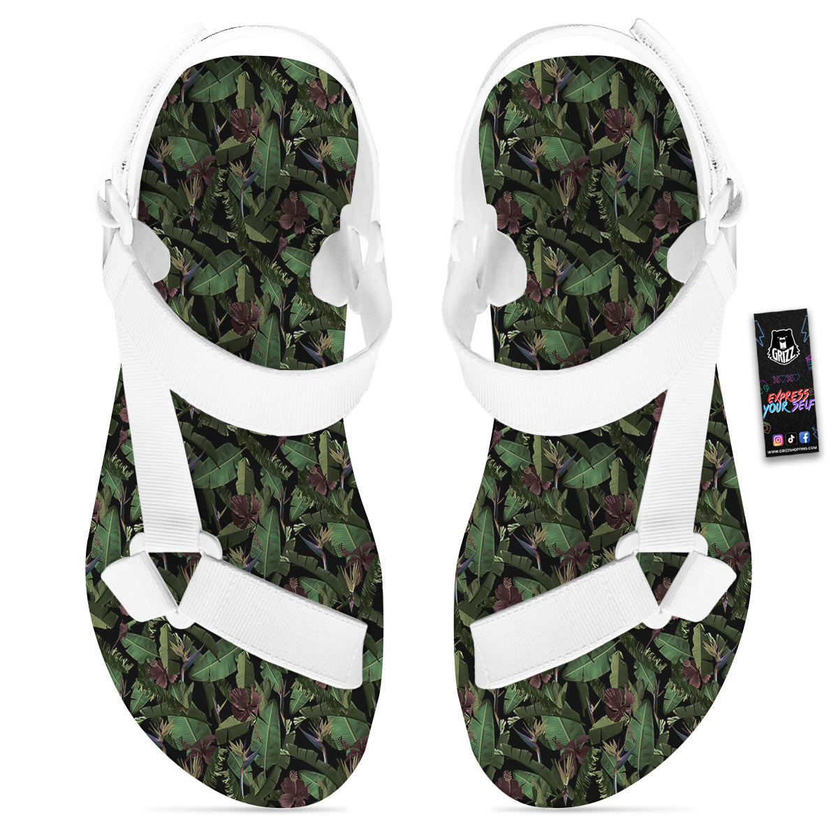 Tropical Hawaiian Dark Print Pattern White Open Toe Sandals-grizzshop