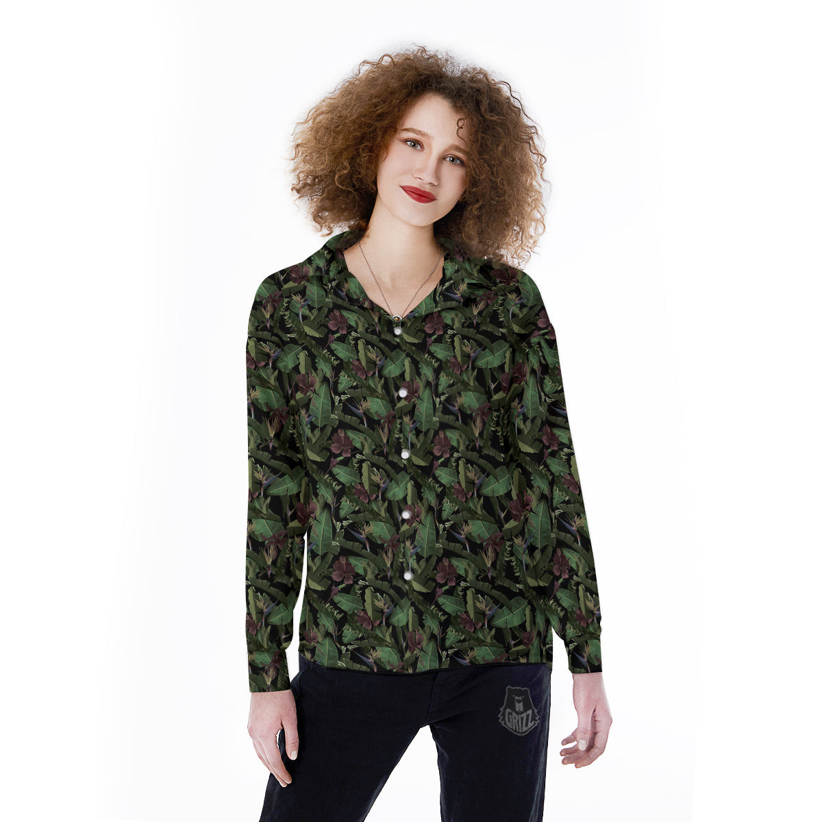 Tropical Hawaiian Dark Print Pattern Women's Long Sleeve Shirts-grizzshop