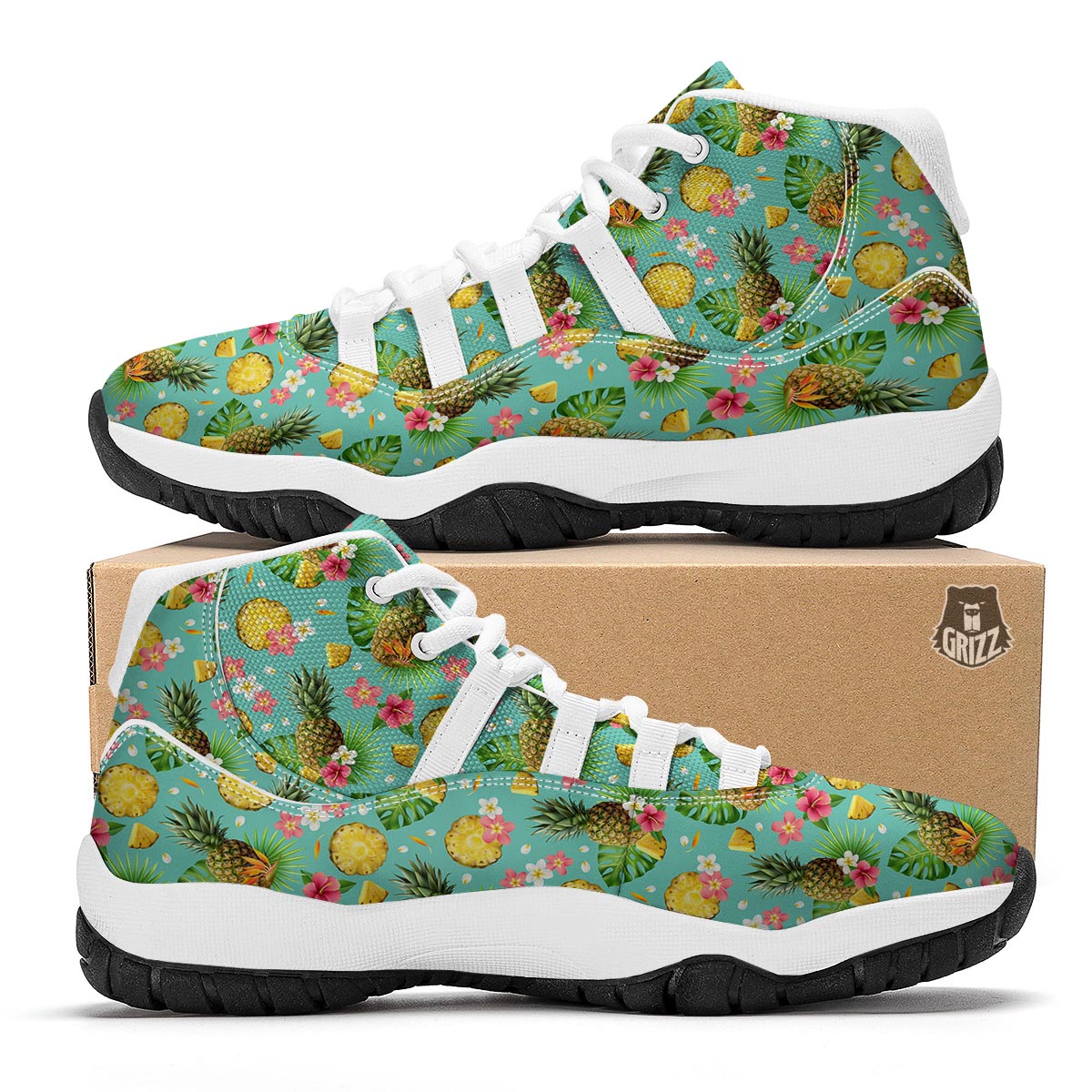 Tropical Hawaiian Hibiscus Pineapple Print White Bball Shoes-grizzshop