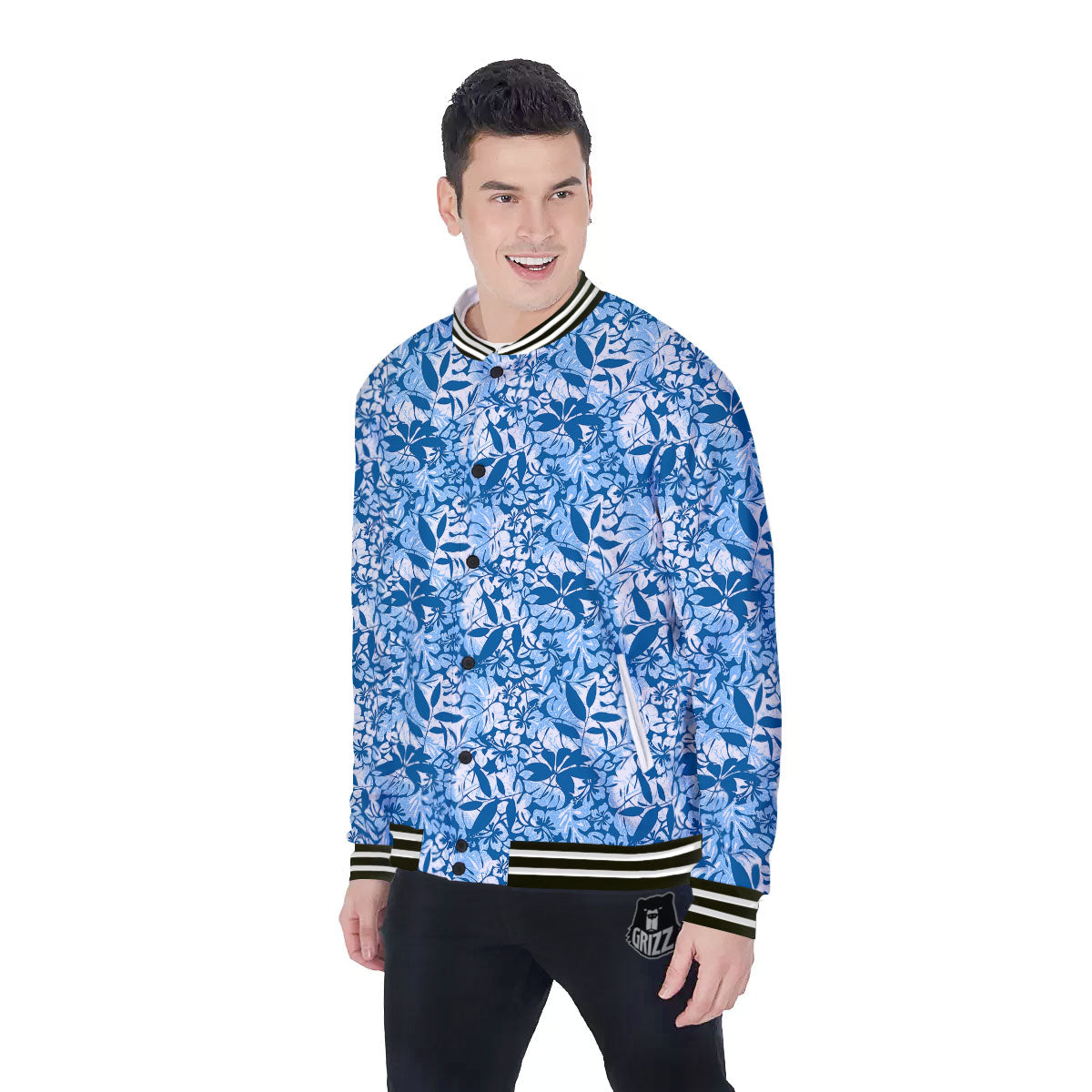 Tropical Hibiscus Blue Print Pattern Baseball Jacket-grizzshop