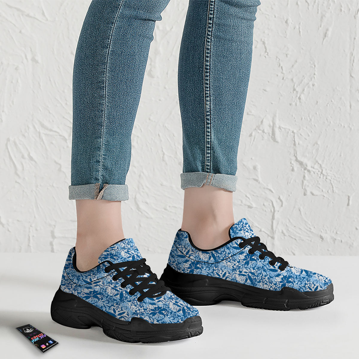 Tropical Hibiscus Blue Print Pattern Black Chunky Shoes-grizzshop