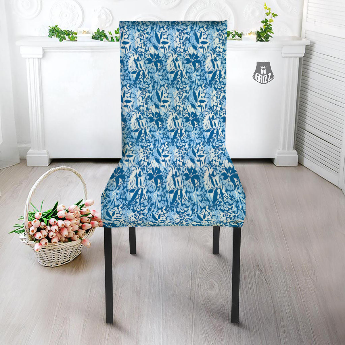 Tropical Hibiscus Blue Print Pattern Dining Chair Slipcover-grizzshop