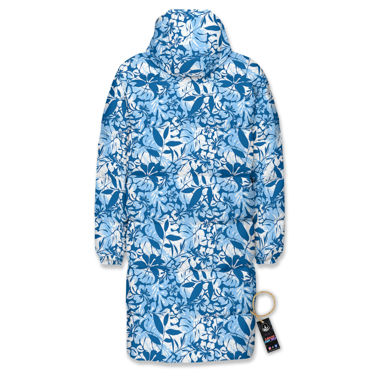 Tropical Hibiscus Blue Print Pattern Long Down Jacket-grizzshop