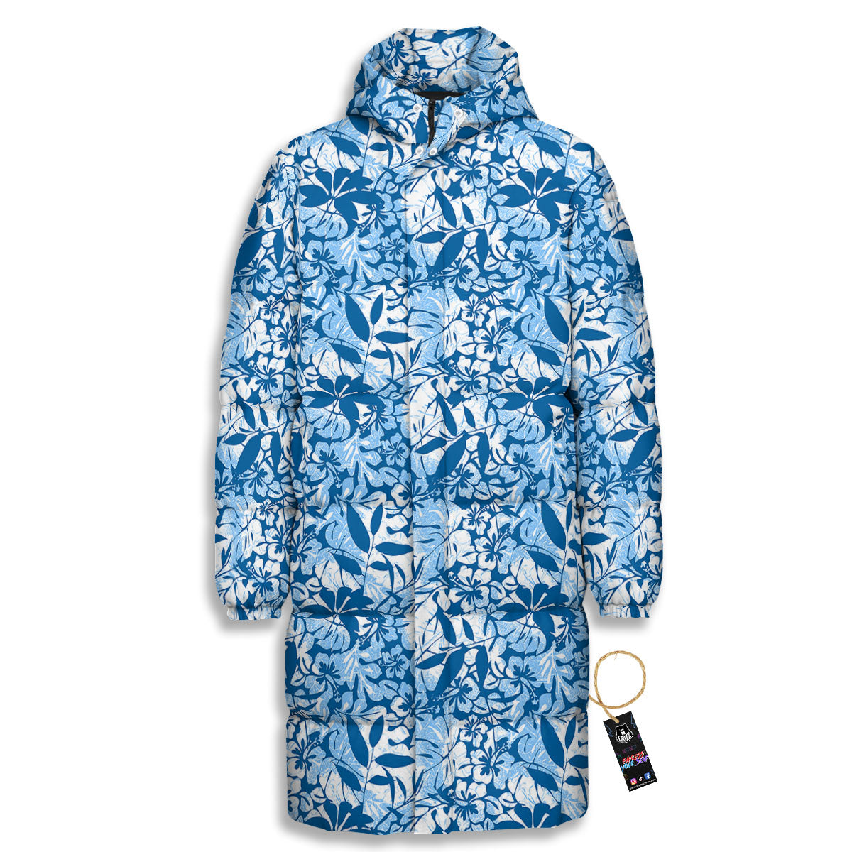Tropical Hibiscus Blue Print Pattern Long Down Jacket-grizzshop