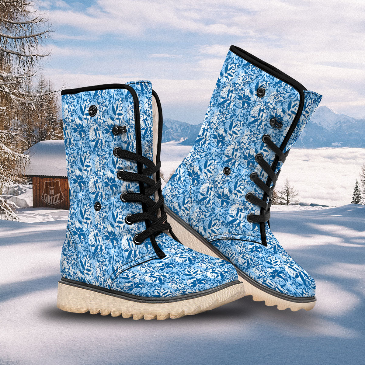 Tropical Hibiscus Blue Print Pattern Snow Boots-grizzshop