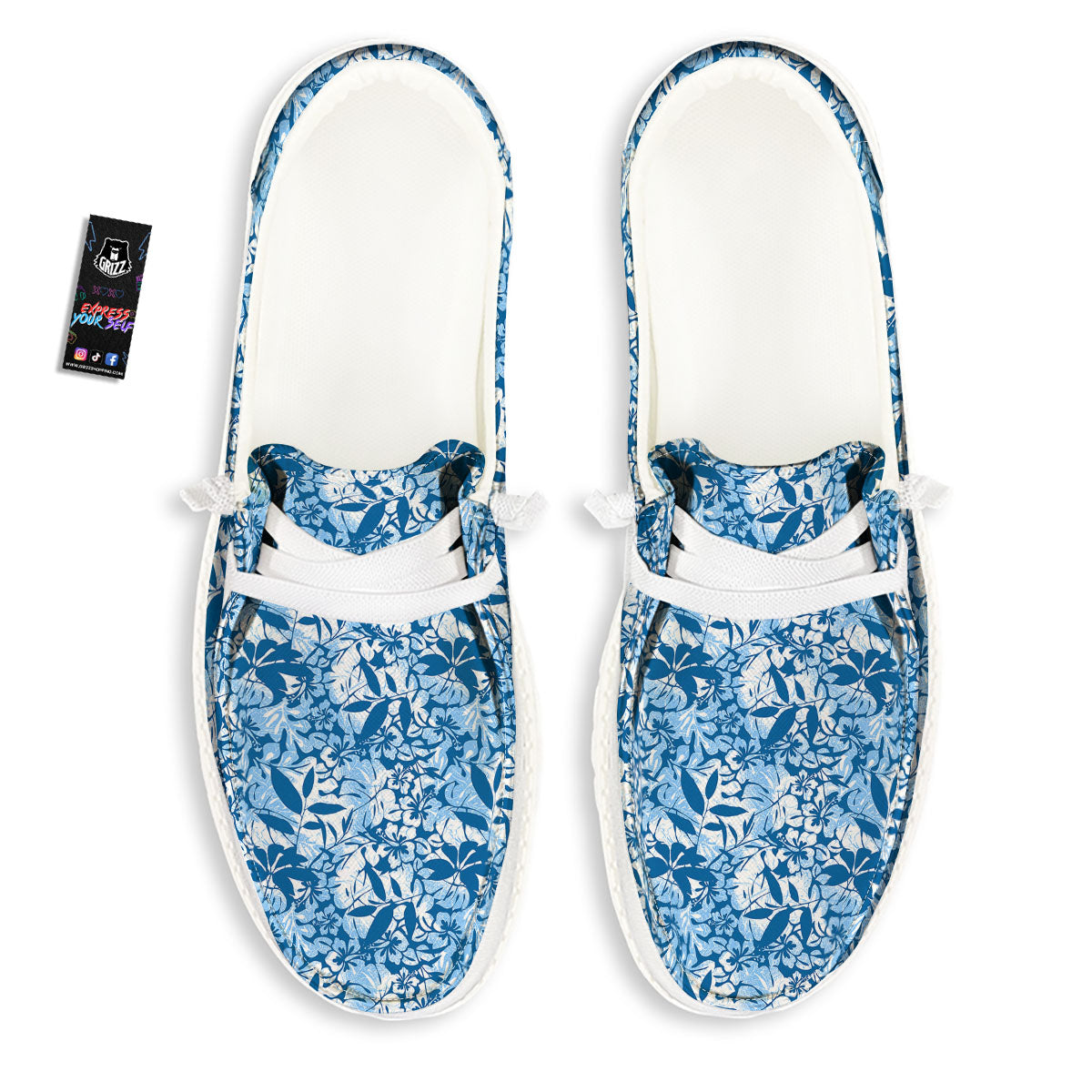 Tropical Hibiscus Blue Print Pattern White Loafers-grizzshop
