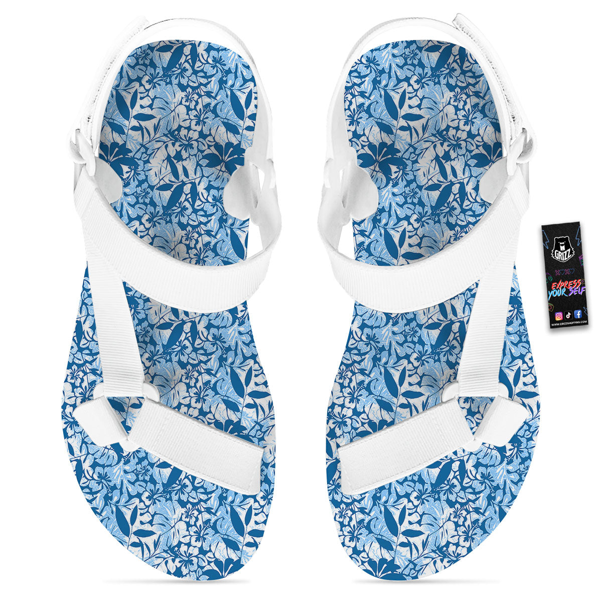 Tropical Hibiscus Blue Print Pattern White Open Toe Sandals-grizzshop