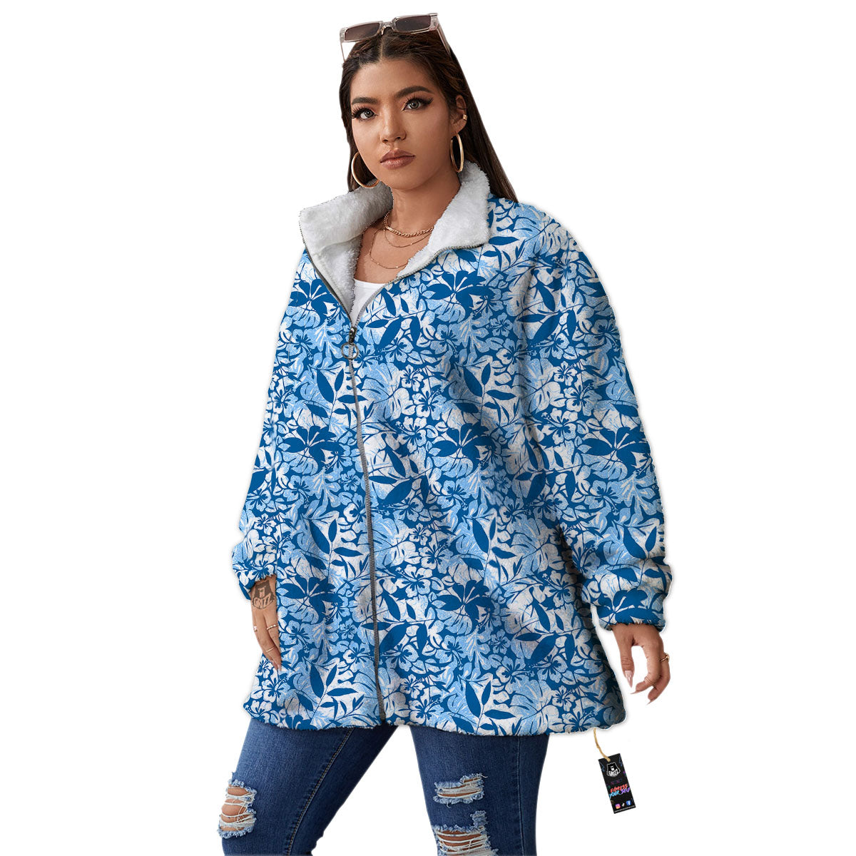Tropical Hibiscus Blue Print Pattern Women's Sherpa Jacket-grizzshop