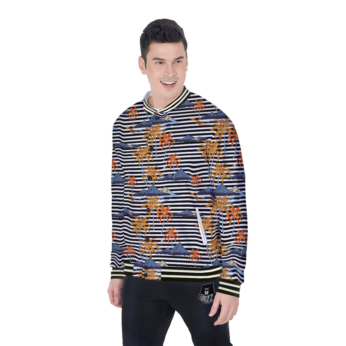 Tropical Island And Stripes Print Pattern Baseball Jacket-grizzshop