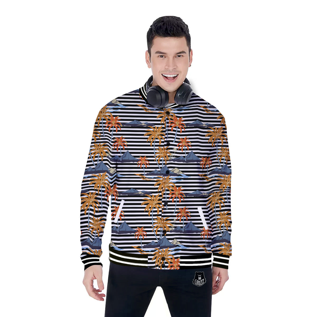 Tropical Island And Stripes Print Pattern Baseball Jacket-grizzshop