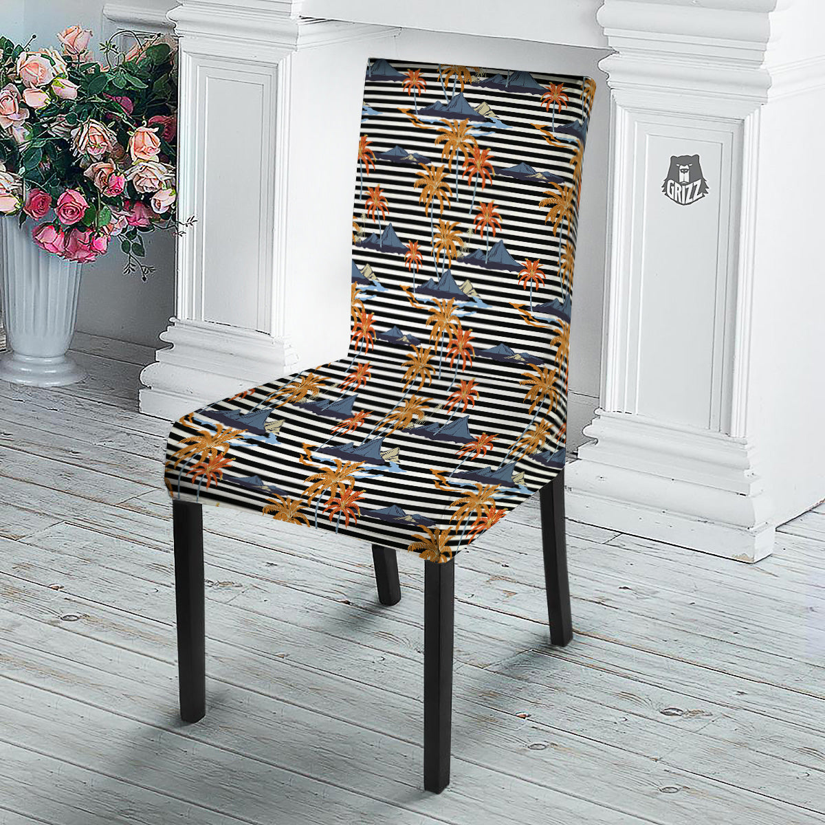 Tropical Island And Stripes Print Pattern Dining Chair Slipcover-grizzshop