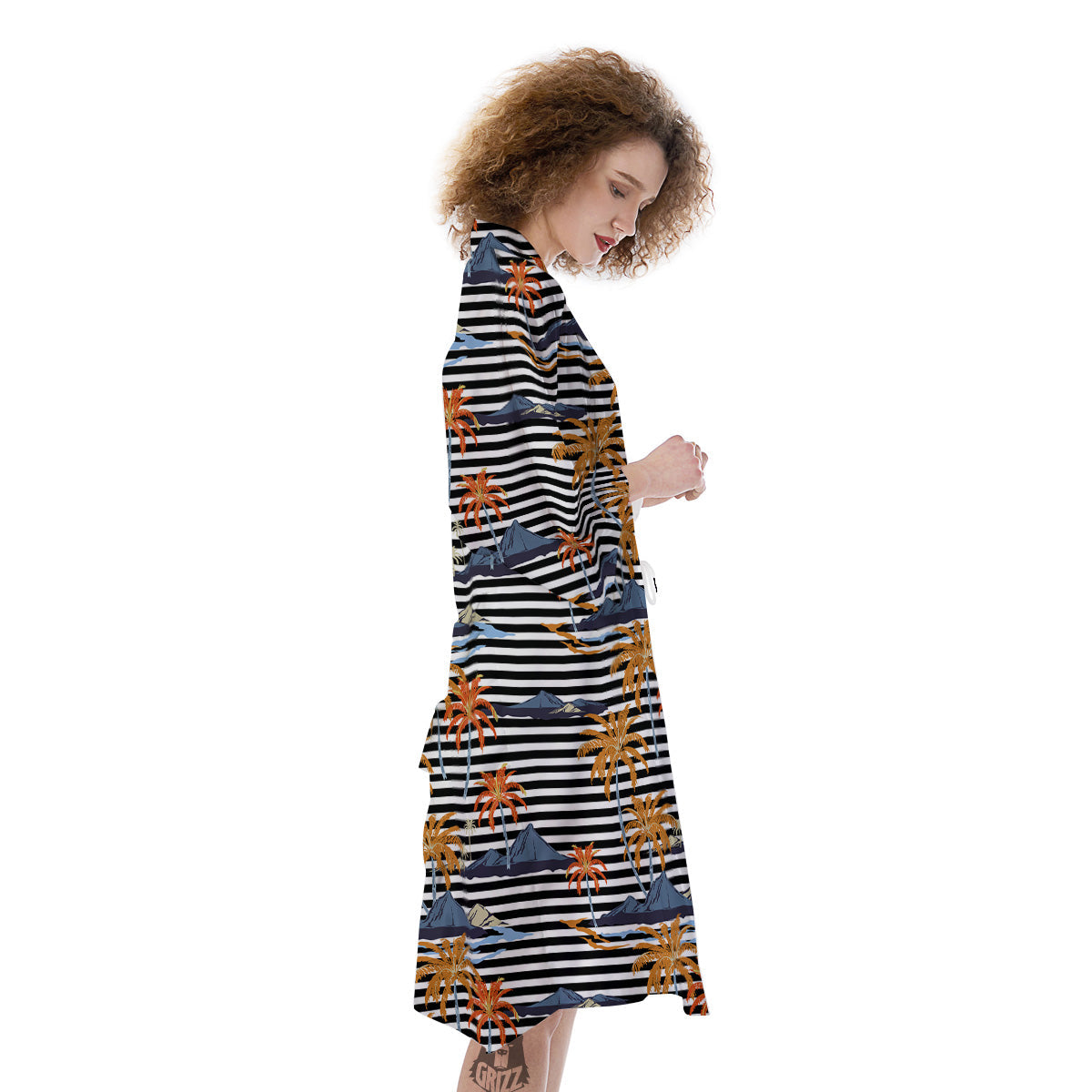 Tropical Island And Stripes Print Pattern Kimono-grizzshop
