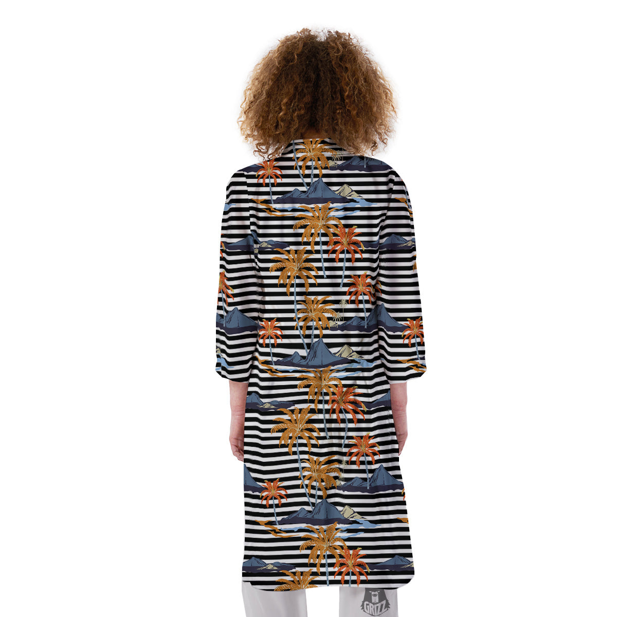 Tropical Island And Stripes Print Pattern Kimono-grizzshop