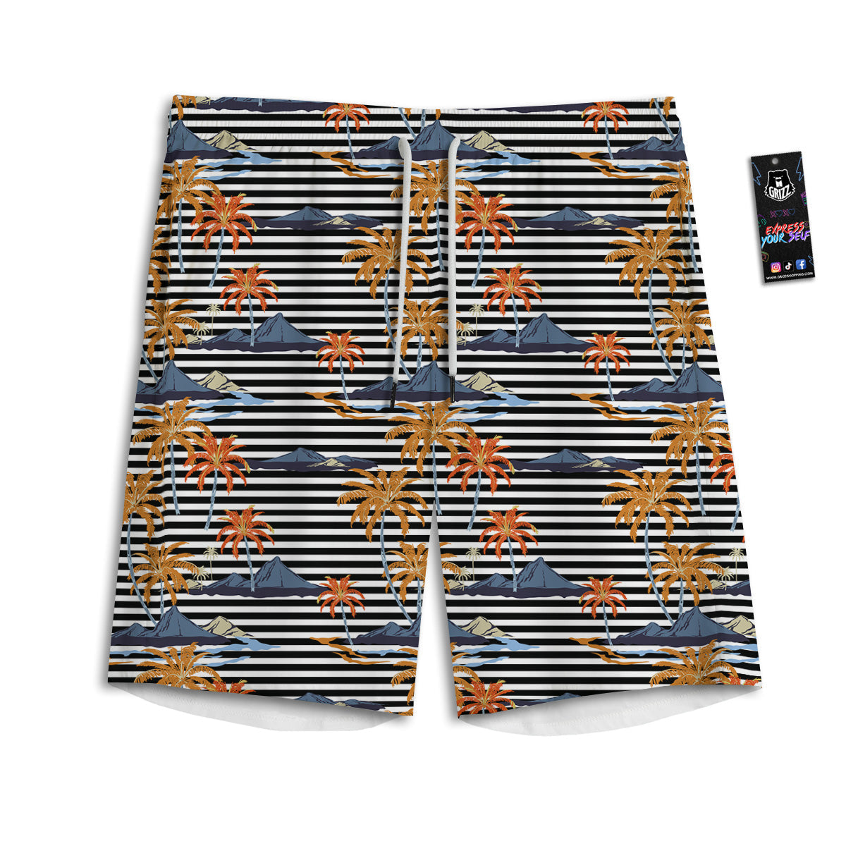 Tropical Island And Stripes Print Pattern Men's Athletic Shorts-grizzshop