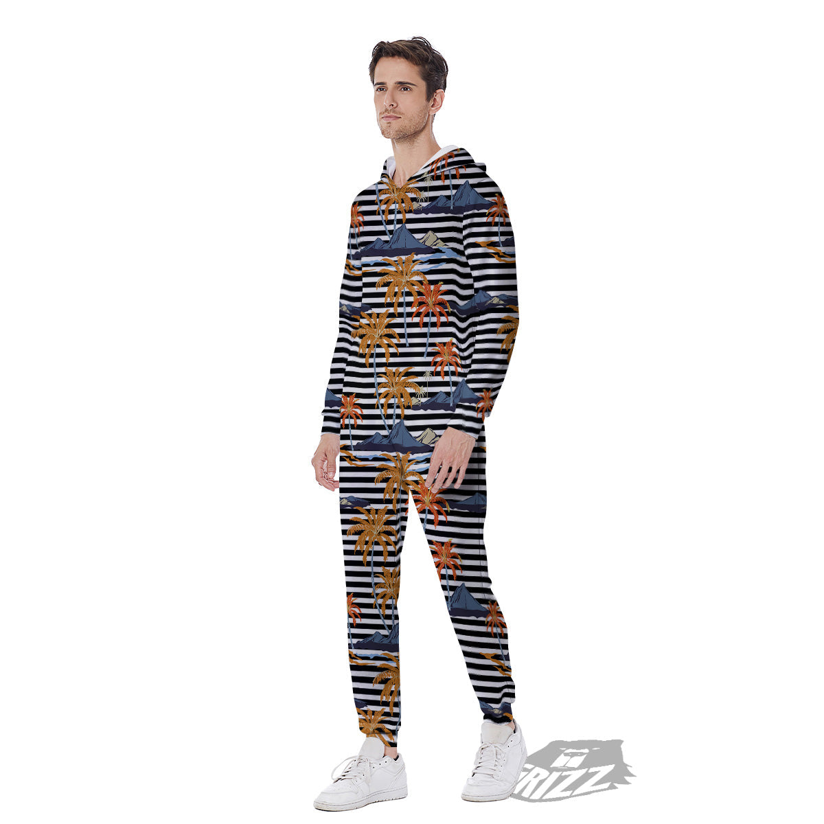 Tropical Island And Stripes Print Pattern Men's Jumpsuit-grizzshop