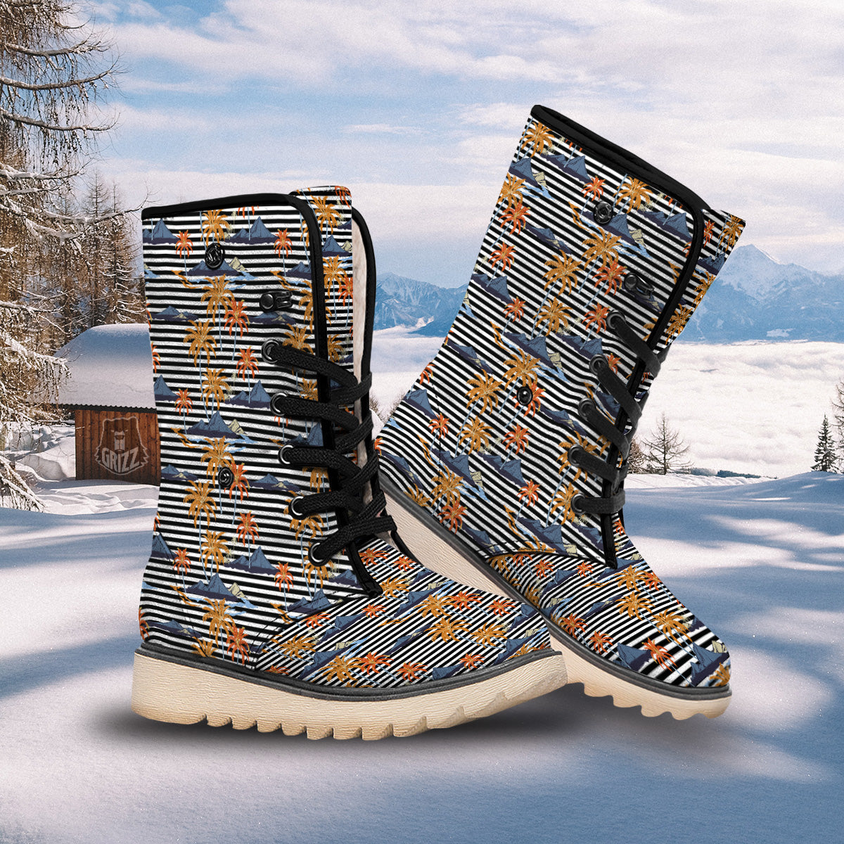 Tropical Island And Stripes Print Pattern Snow Boots-grizzshop